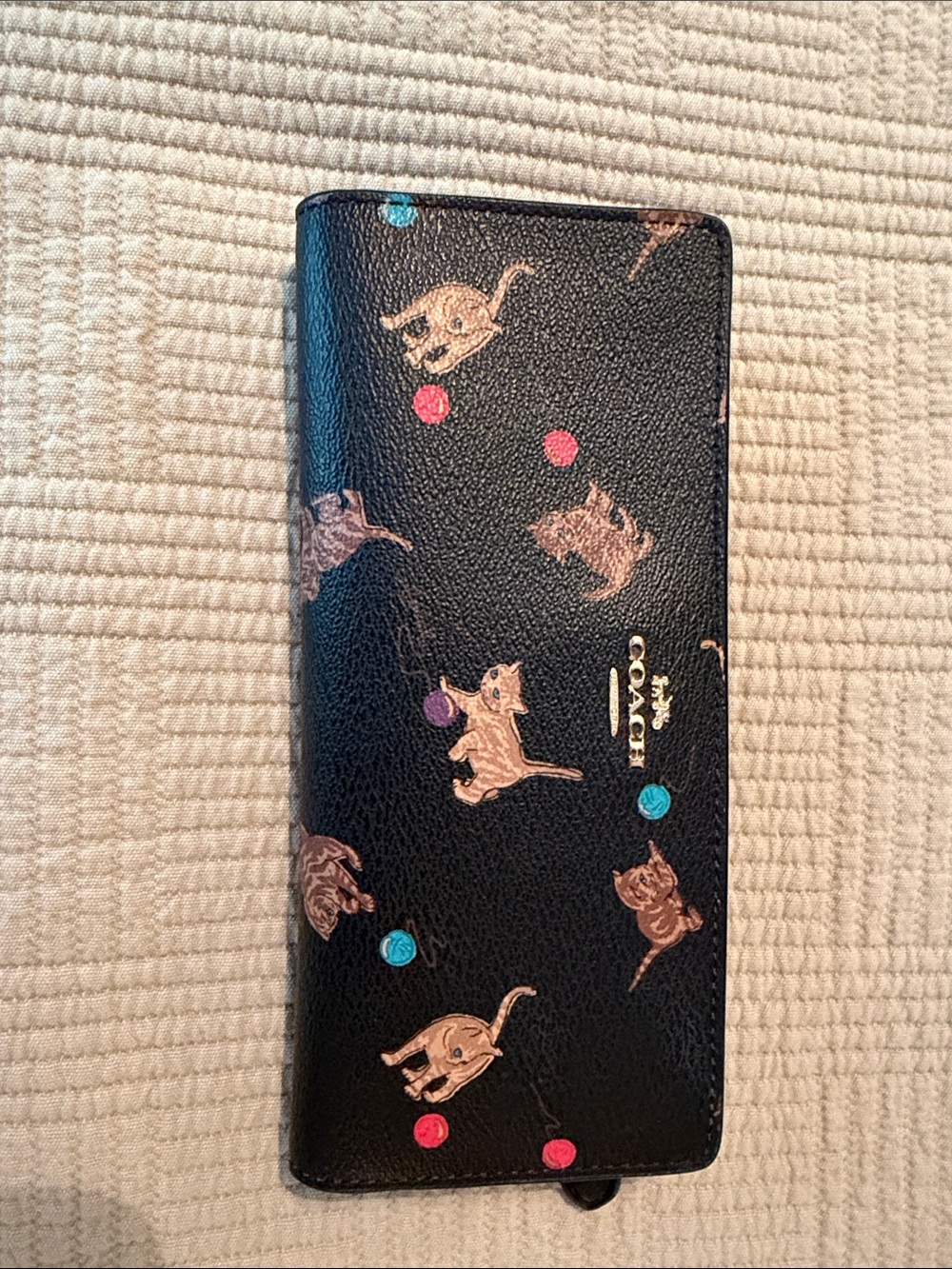 Coach Black Leather Cat-Print Long Wallet with Multicolor Dots